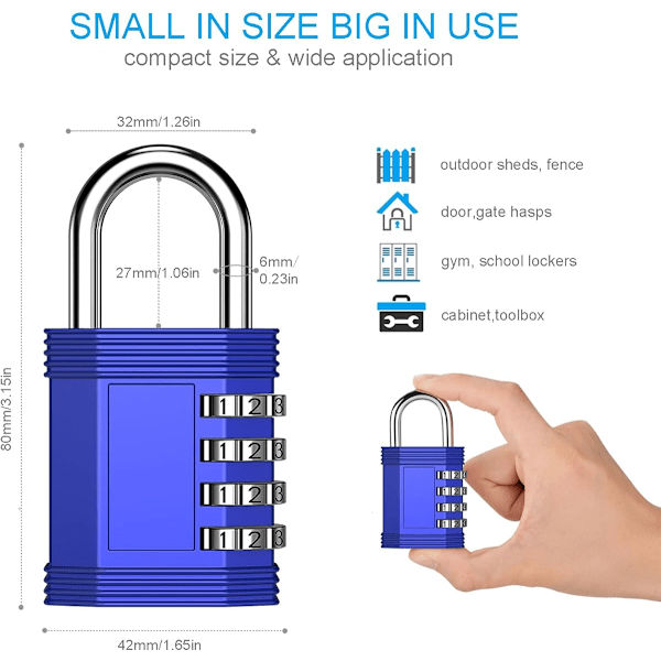 Yhdistelmälukko, 4-numeroinen ulkokäyttöön sopiva vedenkestävä lukko koulujen lukkeroihin, aitoihin, portteihin ja työkalulaatikoihin