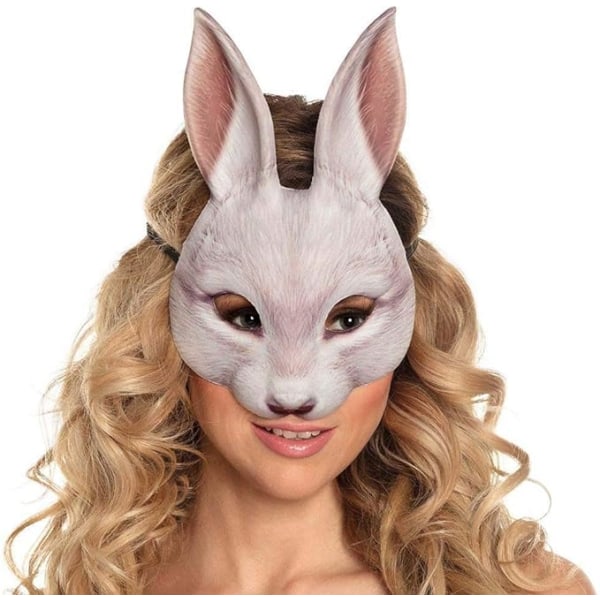 Kanin halvmask, realistiskt print, mask med resår för karneval