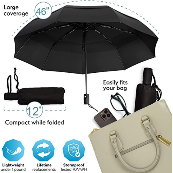 1 STK Noir Parapluie - Parapluie de poche - Ouverture og fermeture