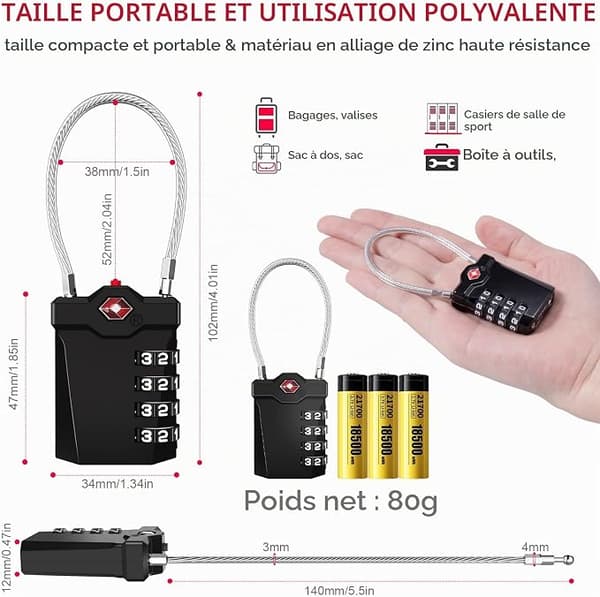 Flygplanshänglås, 4-siffrigt kabellås (1, Svart) Resväsklås med flexibel kabel