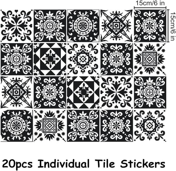 20 sorte og hvide flisestickers (15cm x 15cm, 6x6 tommer), køkken