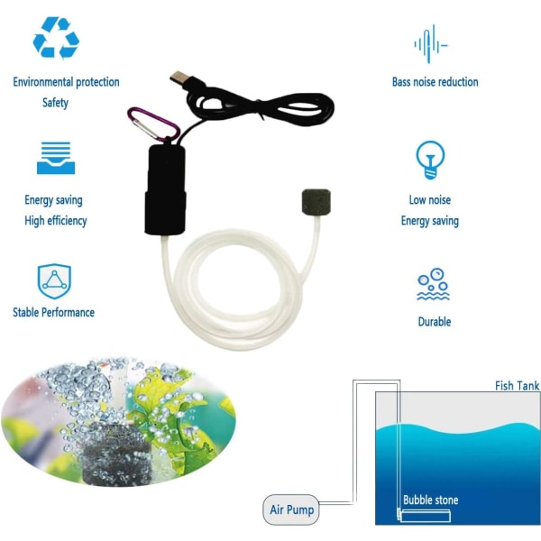 (Musta) Mini USB Akvaarioilmapumppu, Äärimmäisen Hiljainen Happipumppu, Pieni