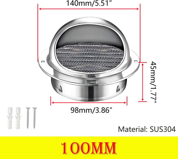 Ventilationsrist, Ventilationsrist i rustfrit stål, Rund ventilationsrist til emhætte, Sfæriske ventilationsriste, 100 mm