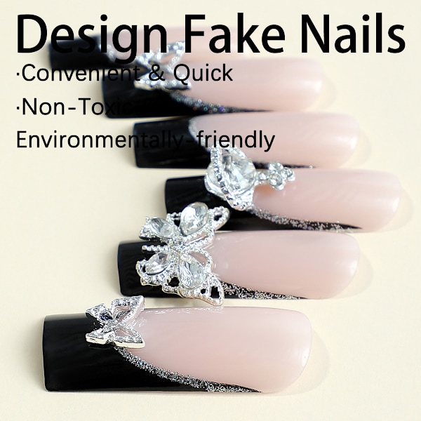 Svarte Trykk-på-negler Lange Kvadratiske Kunstige Negler Fransk Spiss Falske Negler med Design 3D Sommerfugl Rhinestones Lim på Negler Glitter Blank Stick-on Negler Nu