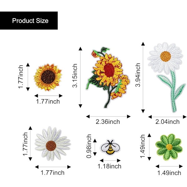 36 stk. Broderede Bi Applikationsmærker Tusindfryd Sy på Mærke Blomst Stryge på Mærker Blomster Applikationer til Tøj Sy Dekorationer Søde Humle Solsikke