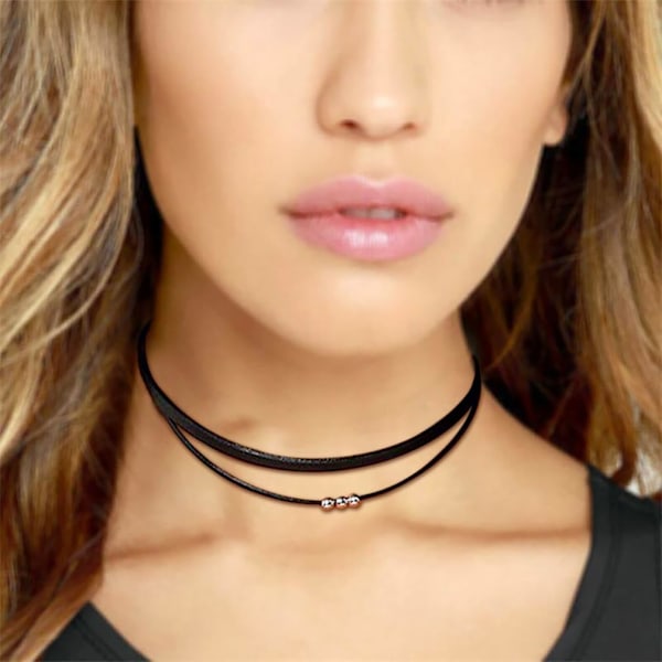 Andelaisi Boho Flerskiktat Läderrep Halsband Choker Svart Läderrep Choker Halsband Gotisk Läder Mocka Halsband Cha