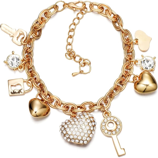 Guld Kædeled Armbånd - 7\" + 2\" Forlænger 14K Guldbelagt Kærlighedslåst Armbånd til Kvinder, med Krystal, Kærlighedshjerte, Nøgle, Lås, Charm Armbånd
