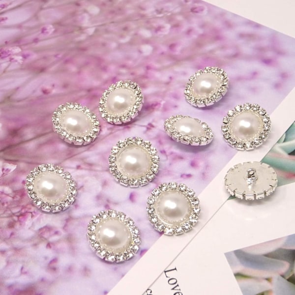 10 stk. hvide 1,5 cm runde rhinestone imiterede perleknapper pynt