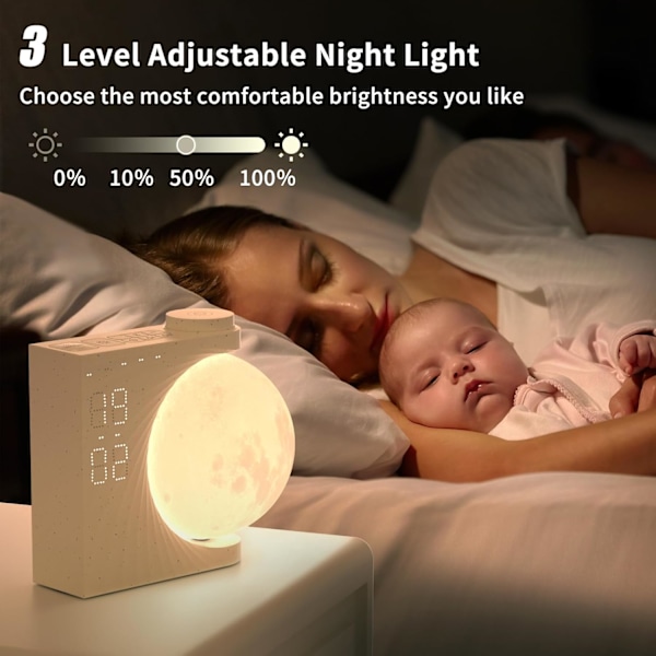 Månelampe med lysalarmur, 2 alarmer, 8 farver RGB måneskin, 10 naturlige lyde, 3 lysstyrke niveauer natlampe natlampe til kvinder/gave