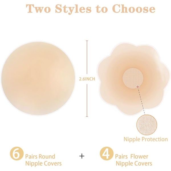 10 Par Brystvortebeskyttere for Kvinner, Silikon Brystvortepads Klebrige Usynlige, Gjenbrukbare Vanntette Selvklebende Brystblader Beige