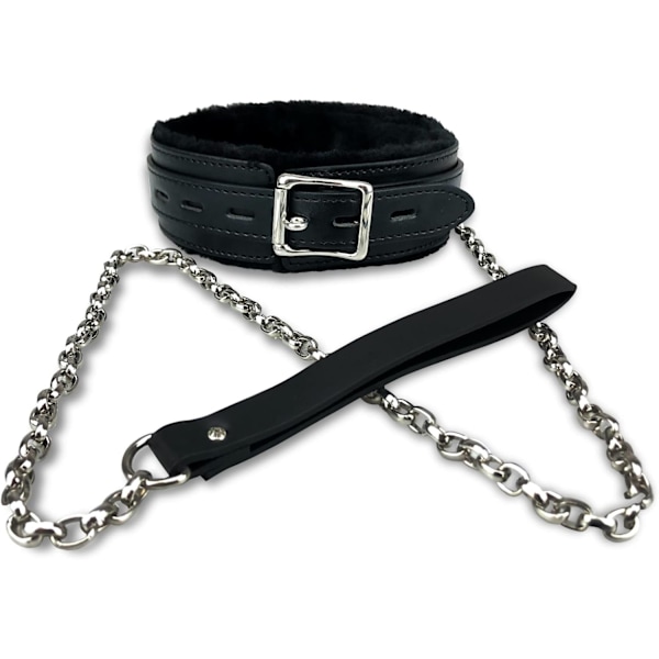 Læder Choker Halsbånd - Blødt Indre Pels for Komfort - Aftagelig Kæde Snore - Holdbart Læder Halsbånd med Legering Spænde, Sort