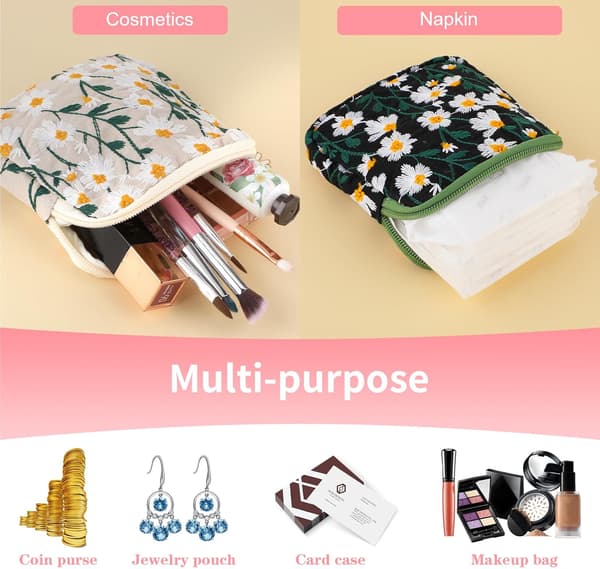 2 stk. Tusenfryd Sanitetsbind Oppbevaringspose, Broderi Menstruasjonskopp Pose Bomull Myk Periodeholder Pose Bærbar Tampongholder Bind Pose Periode Kit Ba