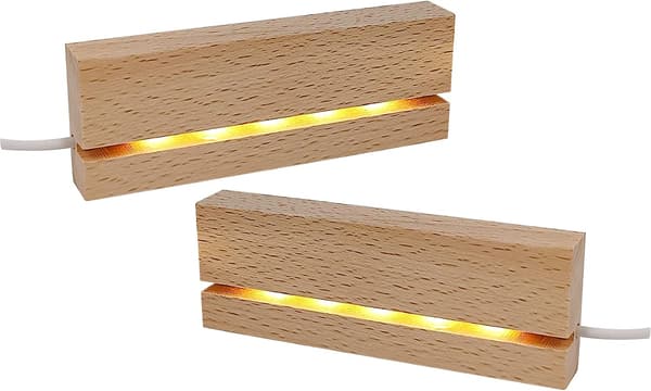 Set med 2 150 mm varma trärektangulära displaybaser med LED-belysning