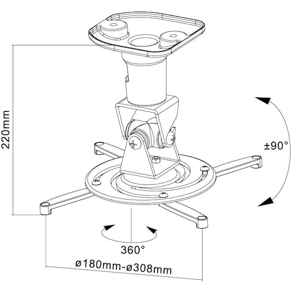 Projektorin kattokiinnitys, 25° kallistuva, kääntyvä, kattoetäisyys: 225 mm, max. kantavuus 13,6 kg, reikäväli 180