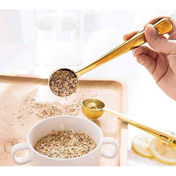2 stk. Sæt Kaffe Ske med Pose Klips, Rustfrit Stål Langskaftet Teske Kaffe Tilbehør og Køkkenredskaber (Guld)