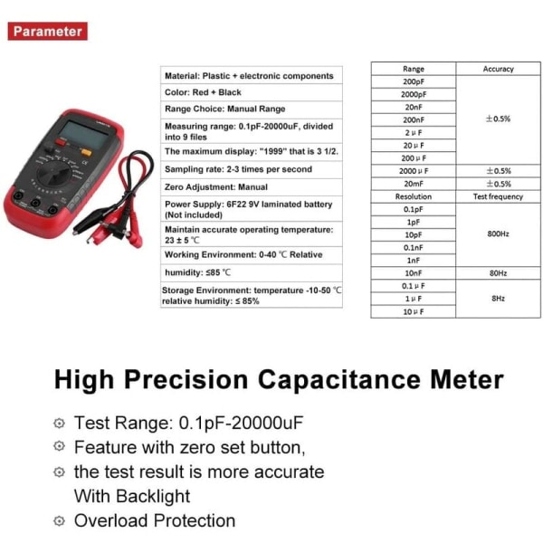Profesjonell kapasitansmåler, digital kondensator-tester 0,1 pF -
