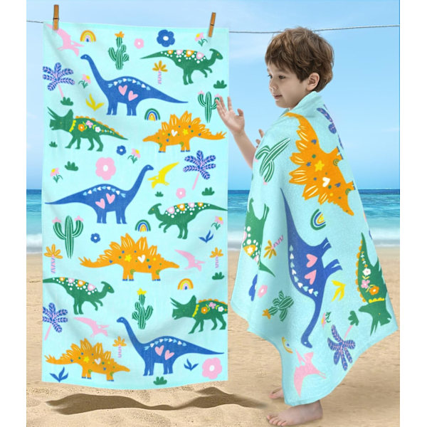 Dinosaurie Strandhandduk för Barn, 75x150 cm, 330GSM, Mjuka Absorberande Poolhanddukar i Bomull för Pojkar, Perfekt för Simning, Surf, Strand, Badrum och