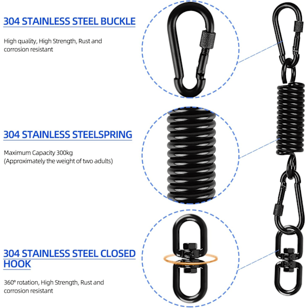 Svingfjær for Hengekøye, Hengekøye med 2 Karabiner og 360° Svingbare Kroker, Karabiner, Bæreevne opptil 250 kg, Hengefjær for Hengekøye
