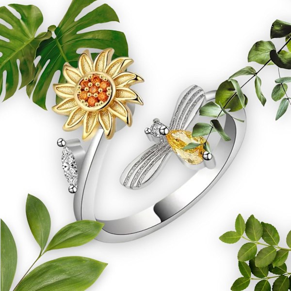 14 karat hvid og gul guldbelagt justerbar solsikkeblomst bi spinner ring - Fidget smykker til kvinder, angst ringe til kvinder, fidget ringe