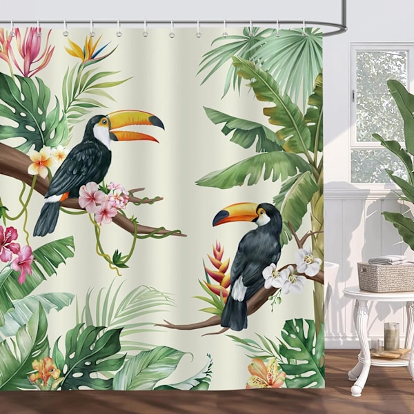 Tropisk Bruseforhæng Toucan Fugle Blade Badeforhæng Polyesterstof Anti-skimmel Vandafvisende Vaskbar Badeværelsesforhæng 180 x 180 cm med 12 Kroge