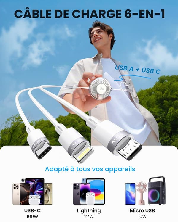 Multifunktionell USB-laddningskabel, kompatibel med iPhone, iPad, MacBook, surfplattor, Galaxy, Note och andra enheter - 1,2 meter, vit
