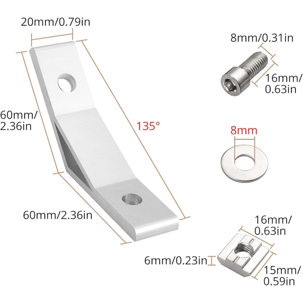 Festebrakett, 10 stk. rettvinklet skjøt 3030 hjørnebrakett 135°