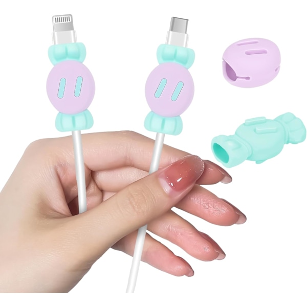 2 stk Søte Kabelbeskyttere for iPhone Type-c Lader, 2 i 1 Søt Silikon Datakabelbeskytter Kawaii 3D Godteri Design, Ladingssnorbeskytter, Kabel Ch