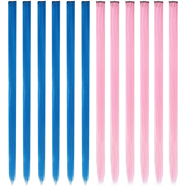 Värilliset hiustenpidennykset, vaaleanpunainen ja sininen 55 cm, 12 kpl