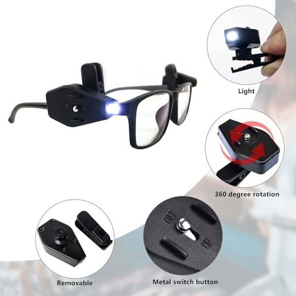 2 Par Brilleklype Lys, Mini LED Boklys Klype På Briller, Justerbar LED Nattlampe 360 ​​Graders Roterbart Lys for Nattlesing Camping