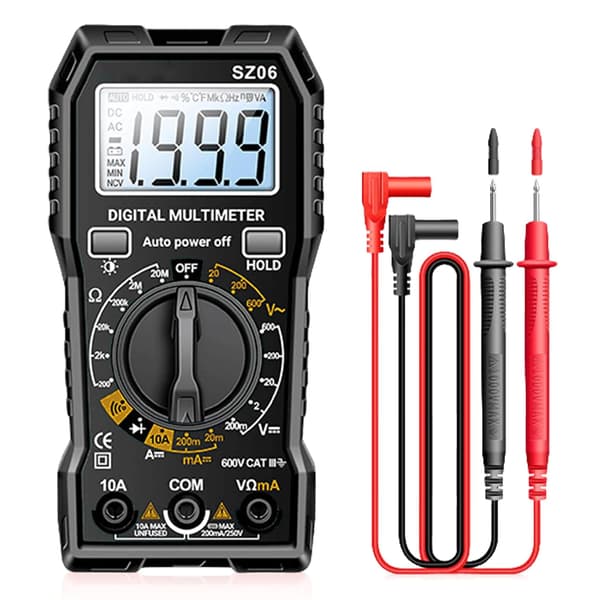 600V digital multimeter, voltmeter, kontinuitetstestare, med vikbart stativ och testkablar för AC/DC-spänning, DC-ström, resistans