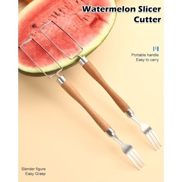 2 ST 2-i-1 Vattenmelon Gaffel Skivare Skärare, Dubbelhuvud Rostfritt Stål Vattenmelon Skivare Gaffel, Vattenmelon Skärare Skivare Verktyg, Fruktskärningsgaffel för Sum