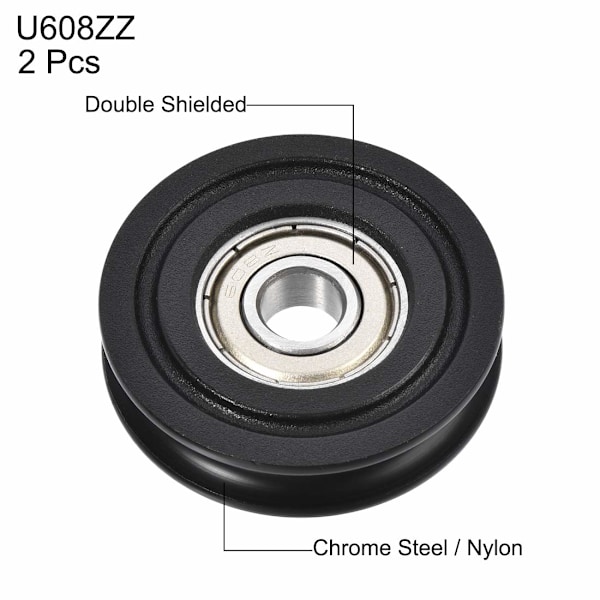 2 stk. Nylon Remskive U-rille Kugleleje Rulleføringshjul 8x40x10mm Dobbelt Metalafskærmet (GCr15) Kromstållejer Sort