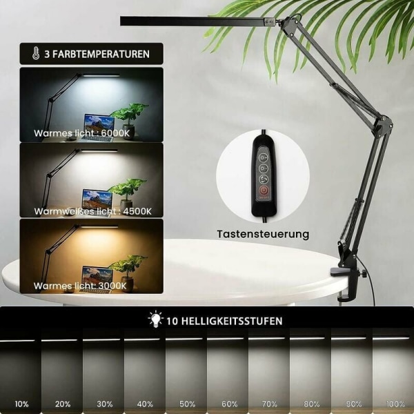 LED skrivebordslampe, 12 watt sammenleggbar arkitektonisk skrivebordslampe med klips