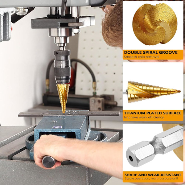 3 stk. Trinnbor, 4-12mm/4-20mm/4-32mm HSS Senkebor med Titanbelegg, Dobbel Spore Stålmetallbor, Trinnbor med Hex