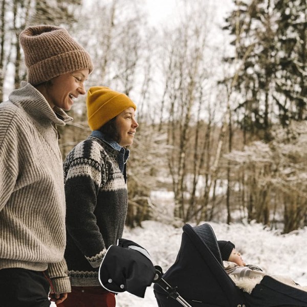 Lastenvaunujen käsineet puhelintaskulla, musta rattaiden lisävarustekäsi