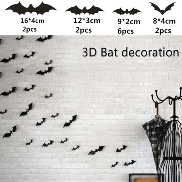 12 stk Halloween Dekorationer PVC 3D Vægstickers Flagermus Dekoration