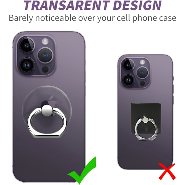 (2 Sølv+1 Sort+1 Rosaguld) Mobiltelefon Ringholder, Transparent Ringholder 360° Rotation Fingerring Stand, Klar Mobiltelefon Støtteben Kompatibel med