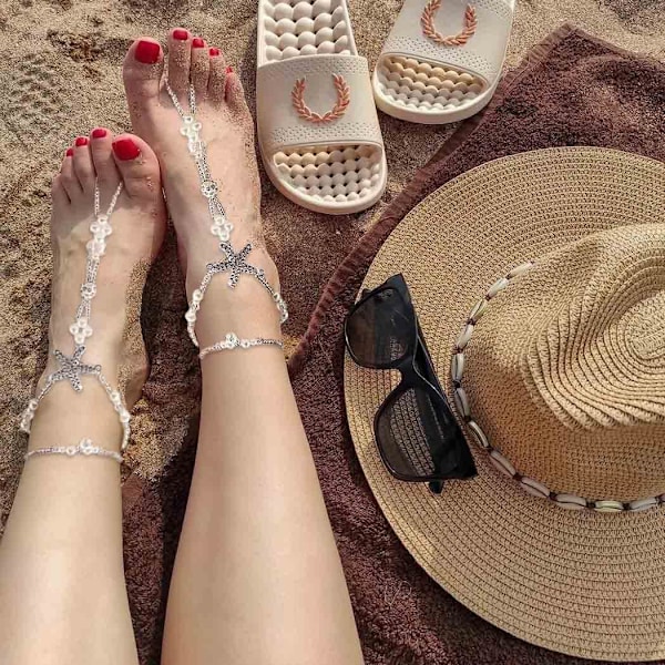 Boho Krystal Ankelkæde Hvid Søstjerne Ankelkæder Strand Perle Barfodssandaler Ankelarmbånd Sommer Fodkæde Smykker til Kvinder og Piger