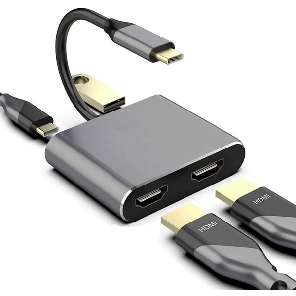 4-i-1 USB-adapter, Type-C til dobbel HDMI, USB3.1 Dokkingsstasjon H