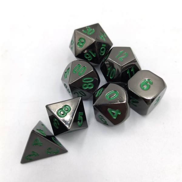 Metall Polyhedral 7-Die Terningsett, blank svartmalt og mørk Gr