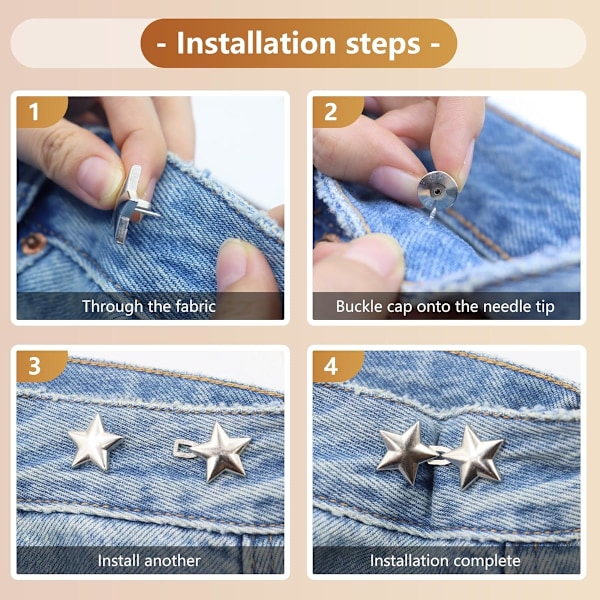 10 Set Byxmidja Åtdragare Stjärnknappar Nålar för Lösa Jeans Återanvändbar Midjeklämma Metall Stjärnbrosch för Kläder Klänningar Kjolar Ingen Sömnad Deco