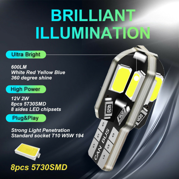 20 kpl T10 194 LED-auton polttimoita, 192 LED-auton polttimoita, 168 LED-valot