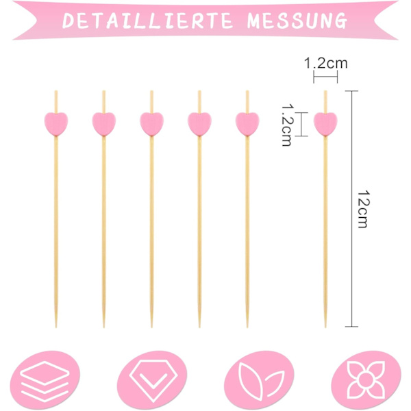 100 Pink Hjerte Cocktailpinde Naturlige Bambus Cocktail Picks Cure