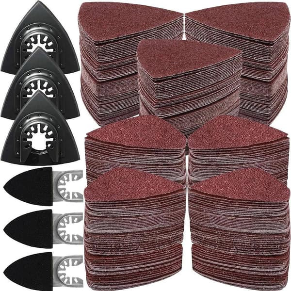 Detta set med 246 delar innehåller en fingerslipplatta, 3 triangulära slipplattor och 240 ark sandpapper.