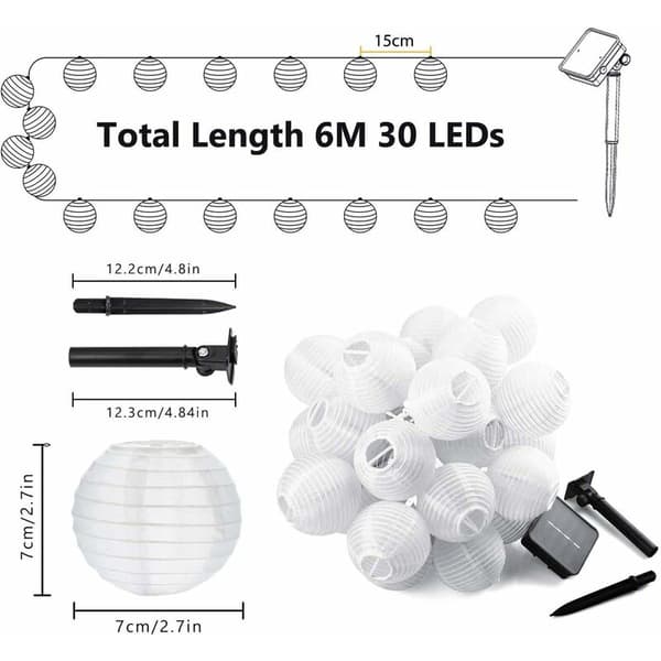 (Valkoinen valo) Ulkoilma Solar String Lights 6M 30kpl LED-lyhtyjä O