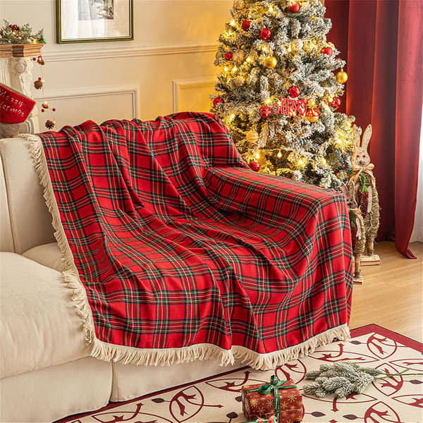 Julesofateppe, sengeteppe, chenille-teppe med dusker, rutete sofatrekk, julesofatrekk, sofatrekk