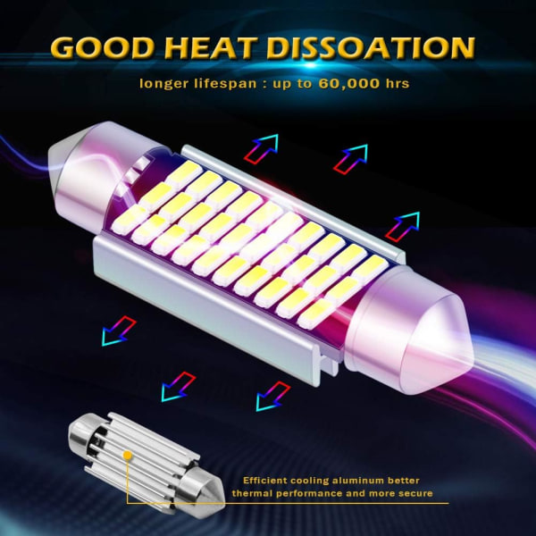 (4 stk, hvit) 39 mm Ekstremt lyssterk 6500K hvite LED-pærer Feil F