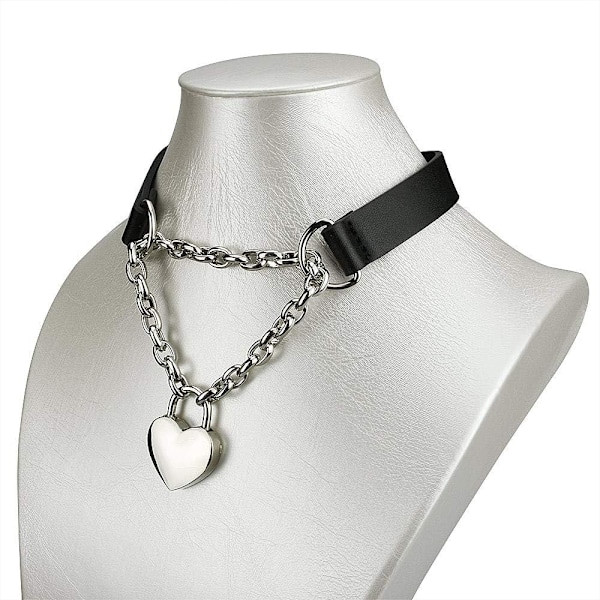 Goth Chokerhalsband för Kvinnor, Svart Choker och Hjärtformad Hänglås Dagkrage med Nyckel, Svart PU-Läder Chokerkrage för Kvinnor