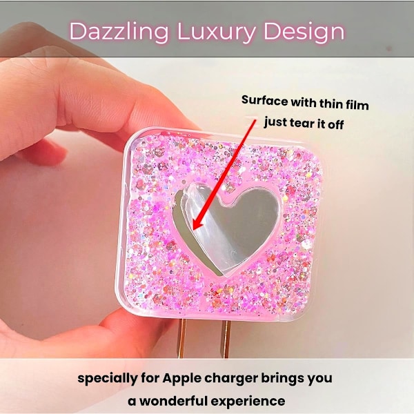 Glitterkabelskydd för iPhone-laddare Dekoration med söt kärlekshjärta-spegeldesign, Lyxig glänsande mjuk datakabel USB-trådskydd Laddare Sladd
