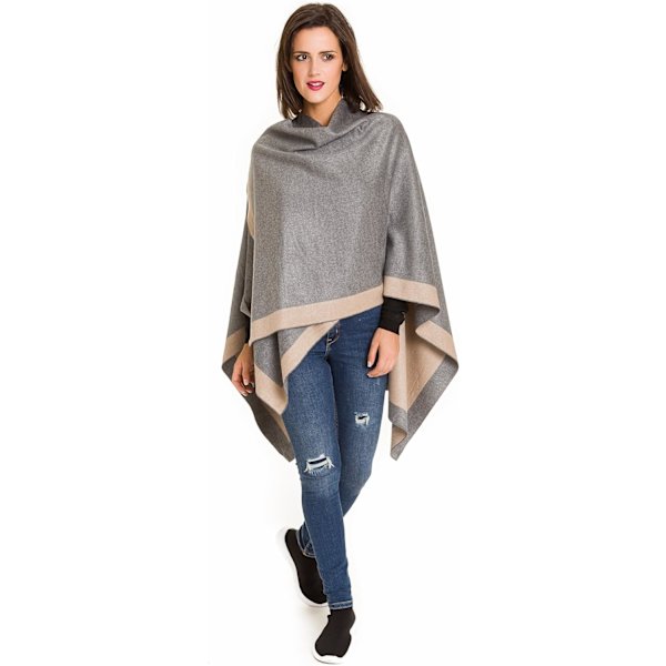 Värilohkoinen Shawl-Hupullinen Poncho - Khaki, Avoin Neuletakki